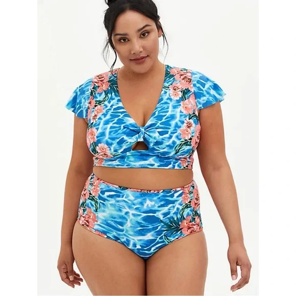 Torrid Blue Water Floral Sleeve and Reversible Swim Brief NWT SZ 1 (14/16) - Picture 1 of 13
